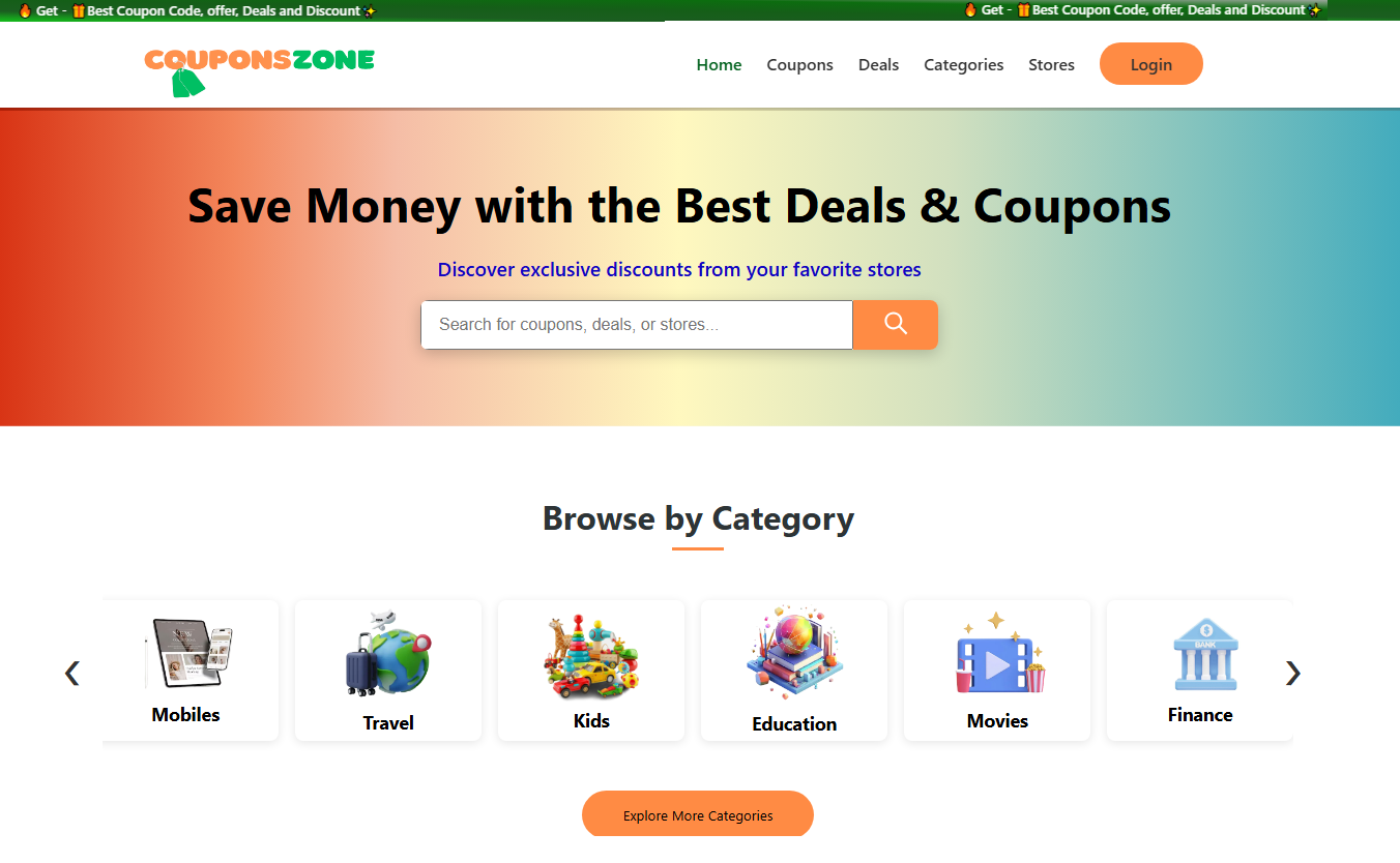 Coupons Zone Homepage – Real-Time Deals and Offers UI