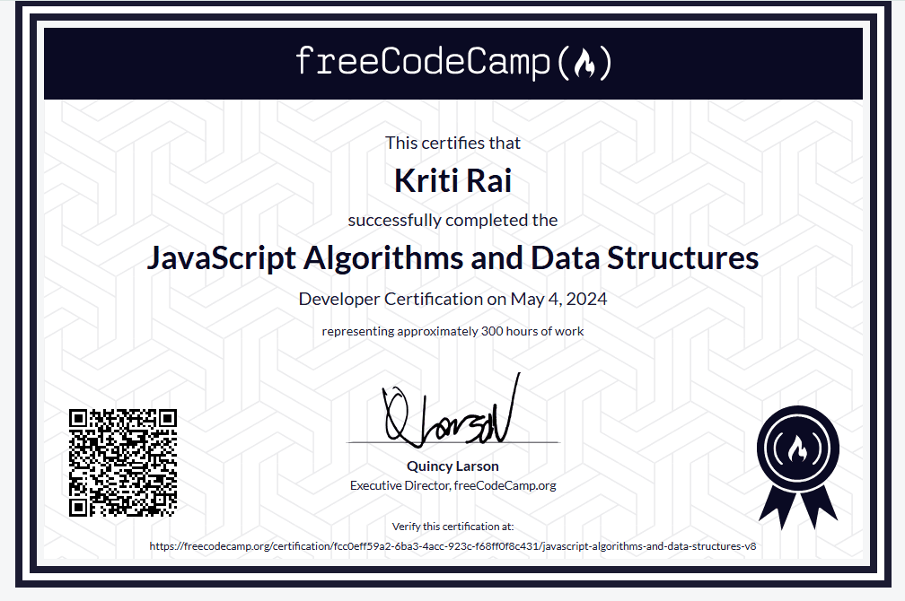 Kriti Rai | JavaScript Algorithms & Data Structures Certificate
